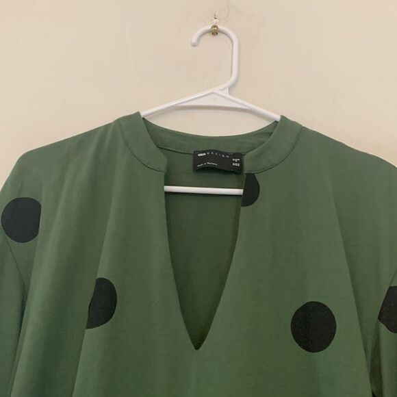 Asos green henley collar tiered dress black circles  gathered wrists Size 8 EUC - Picture 5 of 8